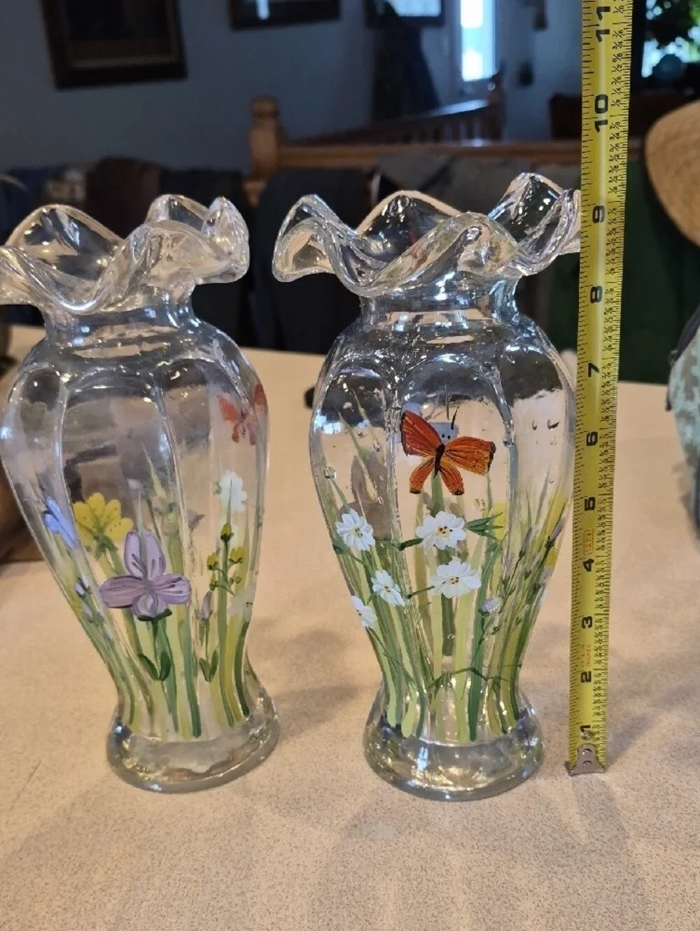 2 Hand-Painted Glass Floral Vase with Butterflies - Clear